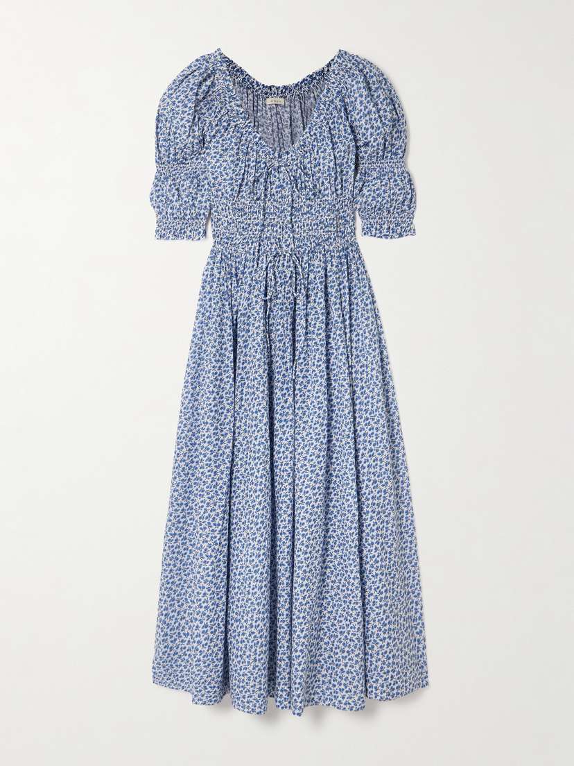 DÔEN Ischia Shirred Floral-print Organic Cotton-voile Midi Dress