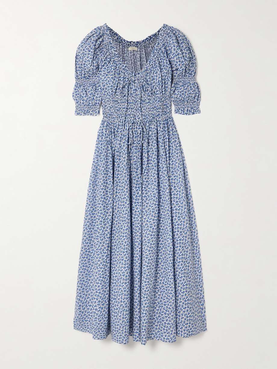 ischia shirred floral-print organic cotton-voile midi dress