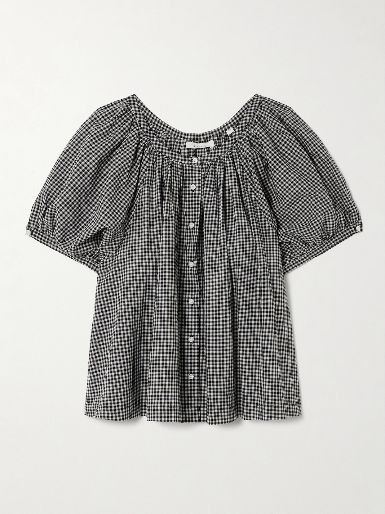 Doen June Gathered Gingham Organic Cotton Blouse In Black