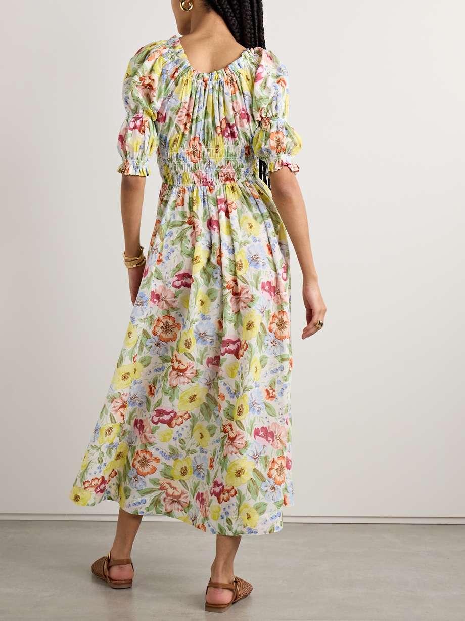 ischia shirred floral-print cotton-voile midi dress