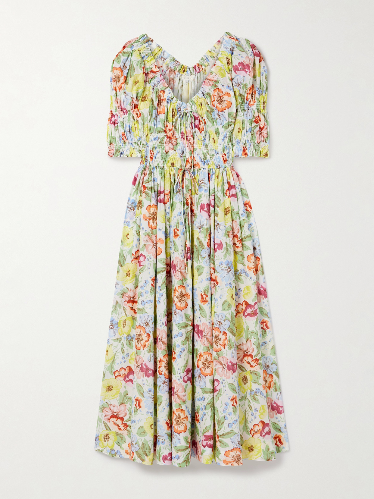 DOEN ISCHIA SHIRRED FLORAL-PRINT COTTON-VOILE MIDI DRESS