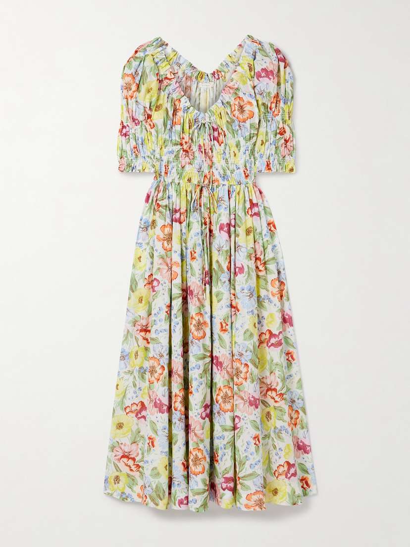 DÔEN Ischia Shirred Floral-print Cotton-voile Midi Dress