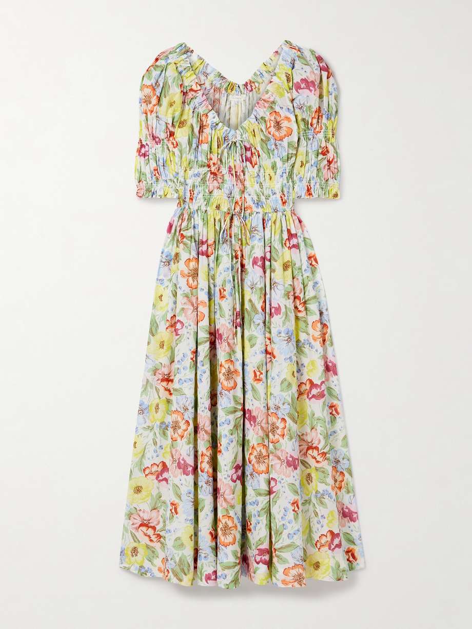 ischia shirred floral-print cotton-voile midi dress