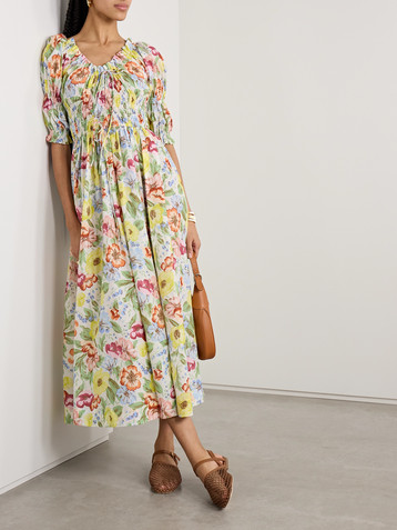 Dôen Ischia shirred floral-print cotton-voile midi dress
