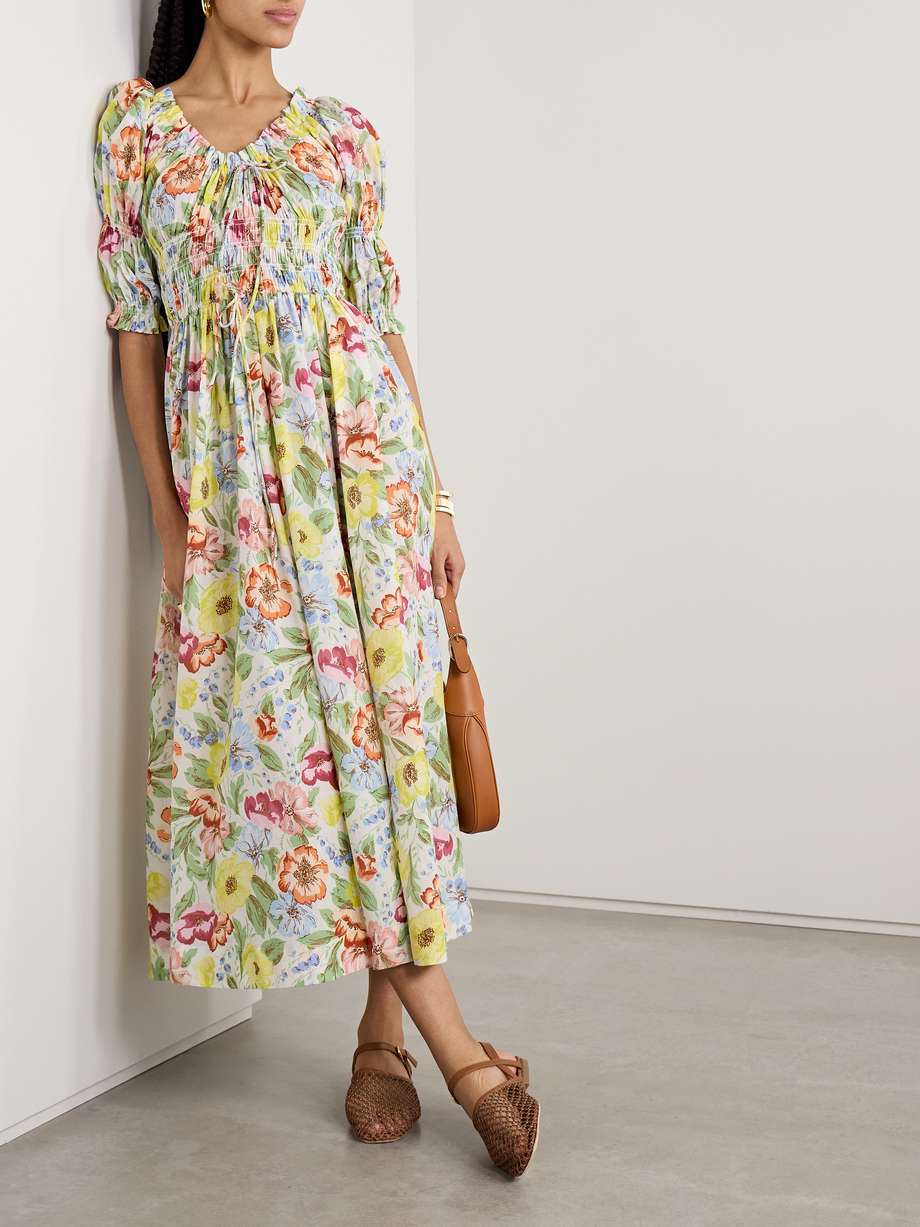 ischia shirred floral-print cotton-voile midi dress