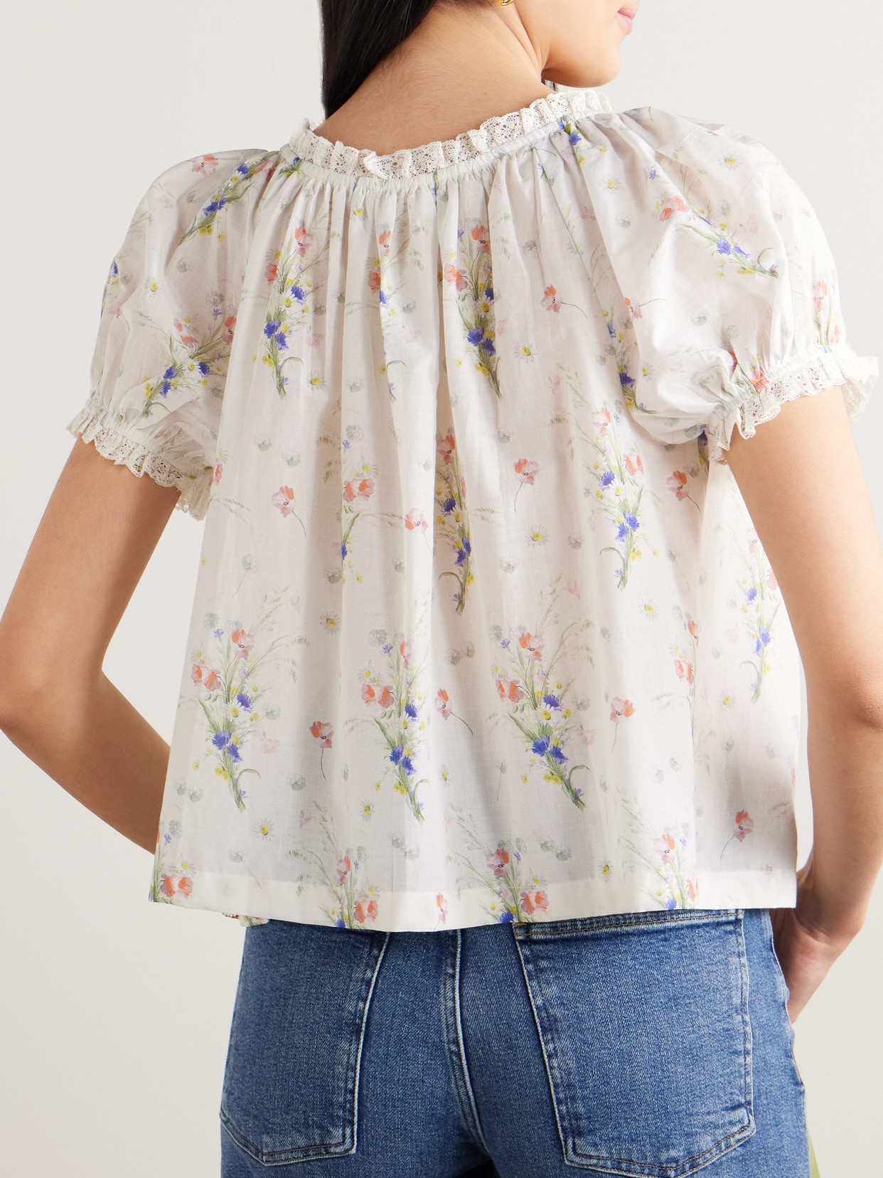 DOEN FREDERICA LACE-TRIMMED FLORAL-PRINT PINTUCKED ORGANIC COTTON-VOILE BLOUSE