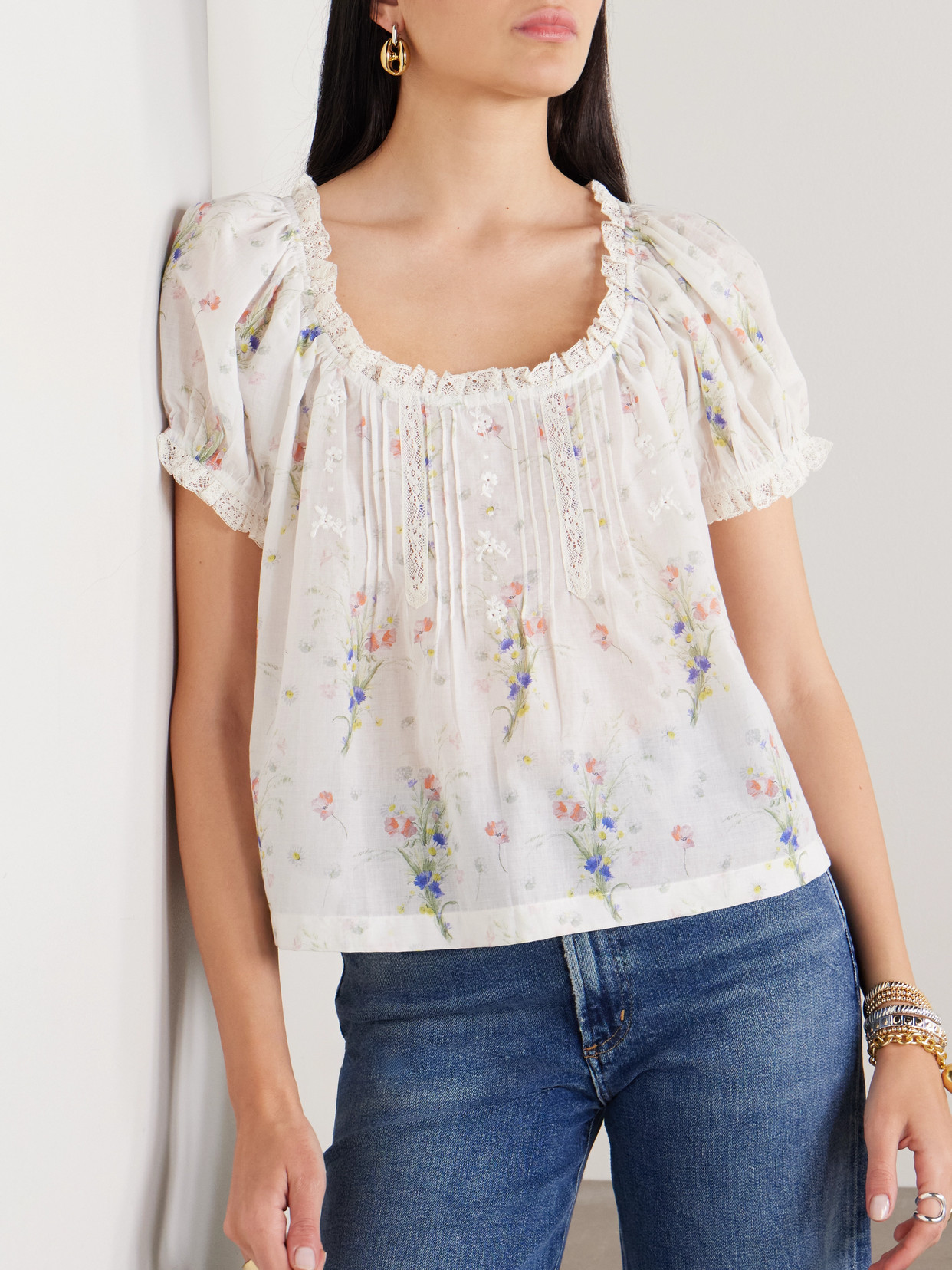 DOEN FREDERICA LACE-TRIMMED FLORAL-PRINT PINTUCKED ORGANIC COTTON-VOILE BLOUSE