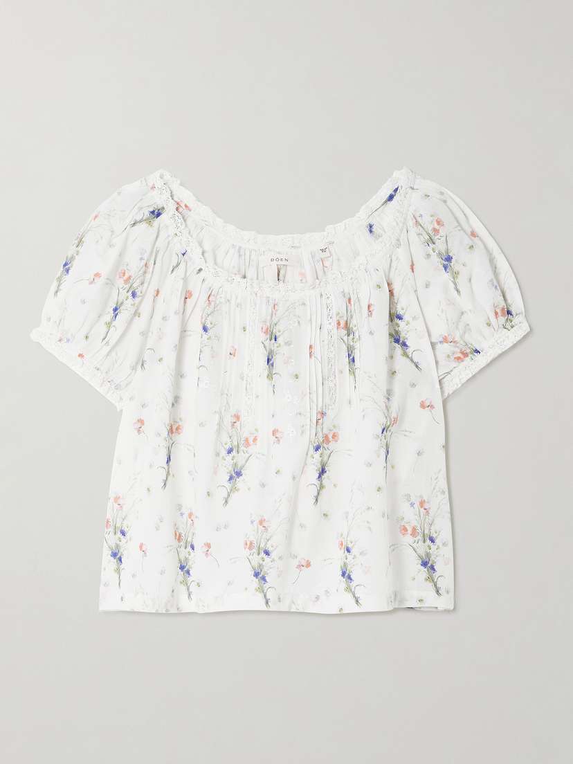 DÔEN Frederica Lace-trimmed Floral-print Pintucked Organic Cotton-voile Blouse