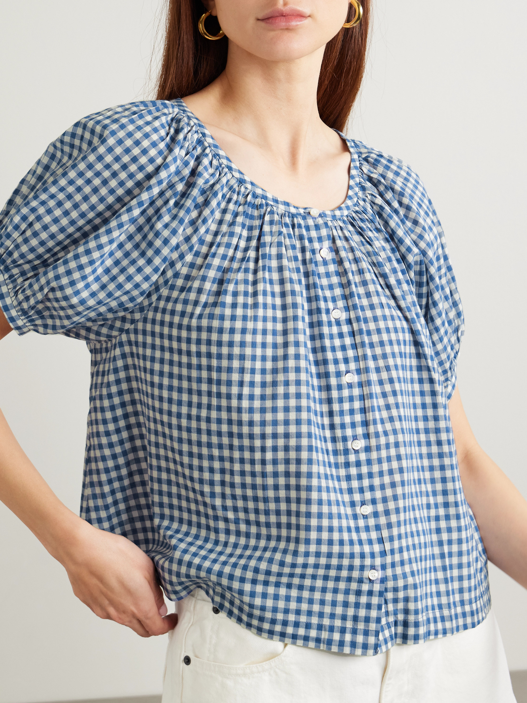 Dôen June gathered gingham organic cotton blouse