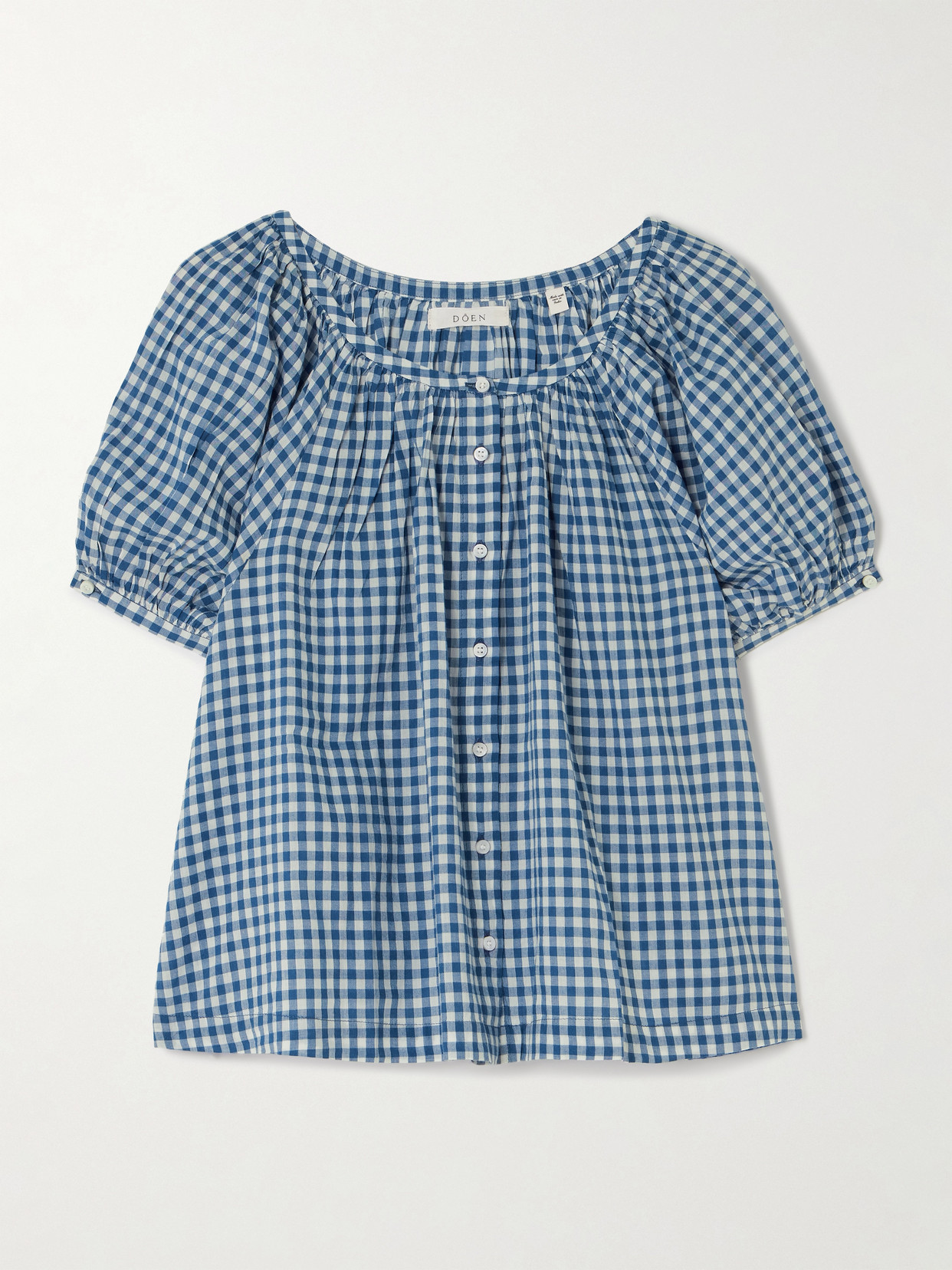 DÔEN - June Gathered Gingham Organic Cotton Blouse - Blue