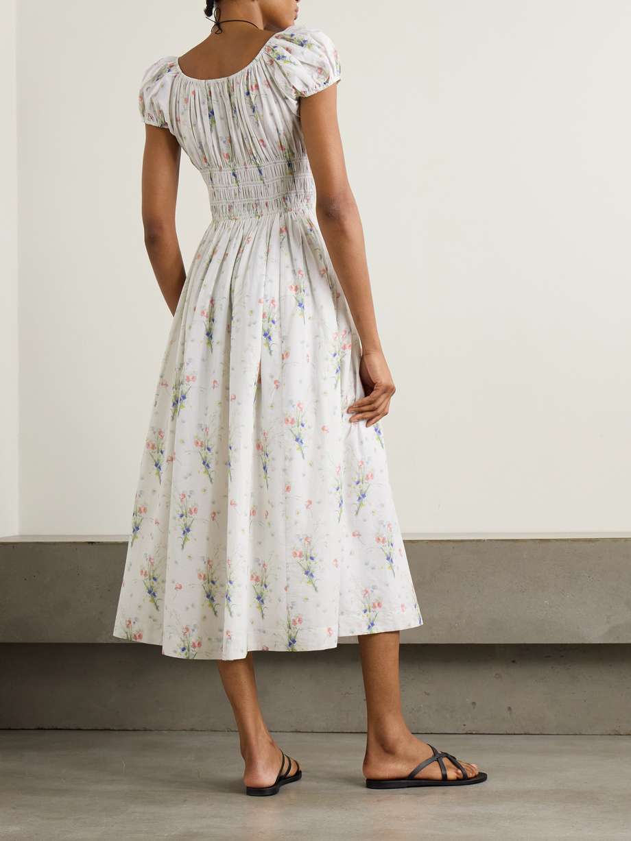 quinley shirred floral-print organic cotton midi dress