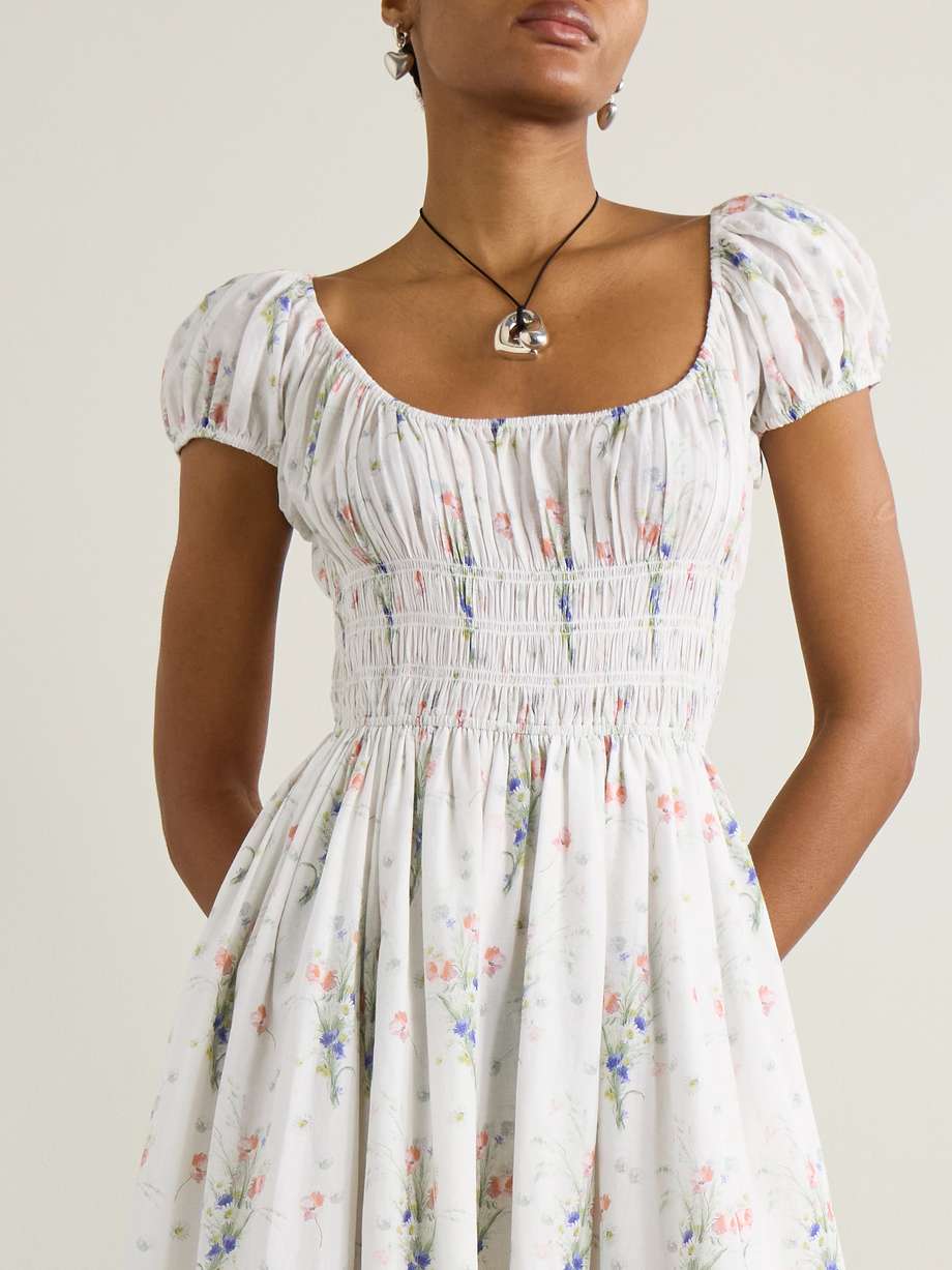 quinley shirred floral-print organic cotton midi dress