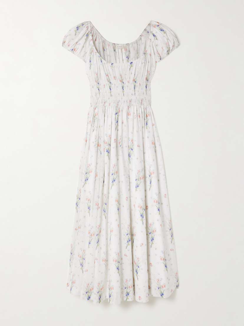 DÔEN Quinley Shirred Floral-print Organic Cotton Midi Dress