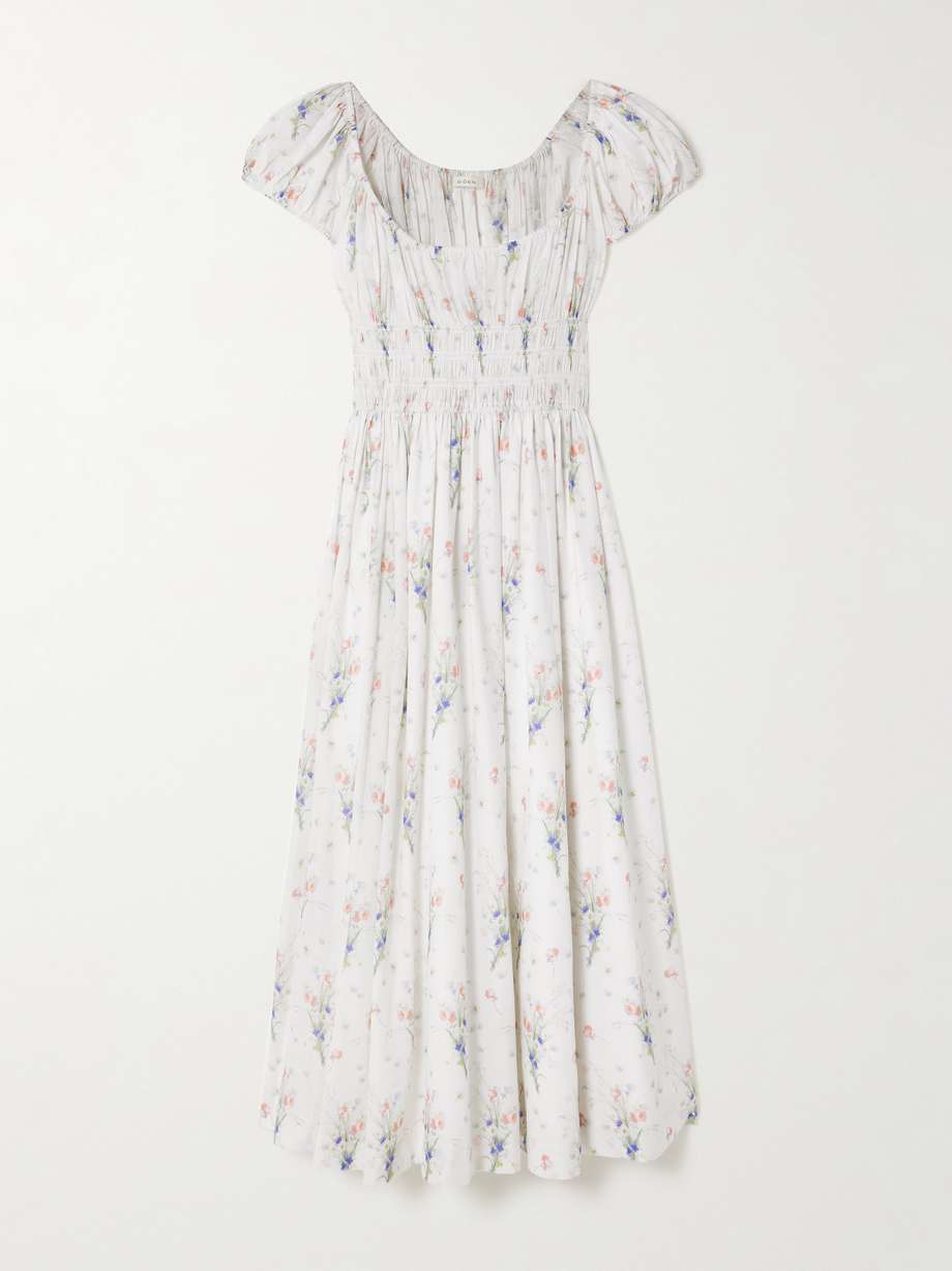 quinley shirred floral-print organic cotton midi dress
