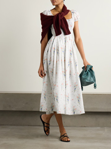 Dôen Quinley shirred floral-print organic cotton midi dress