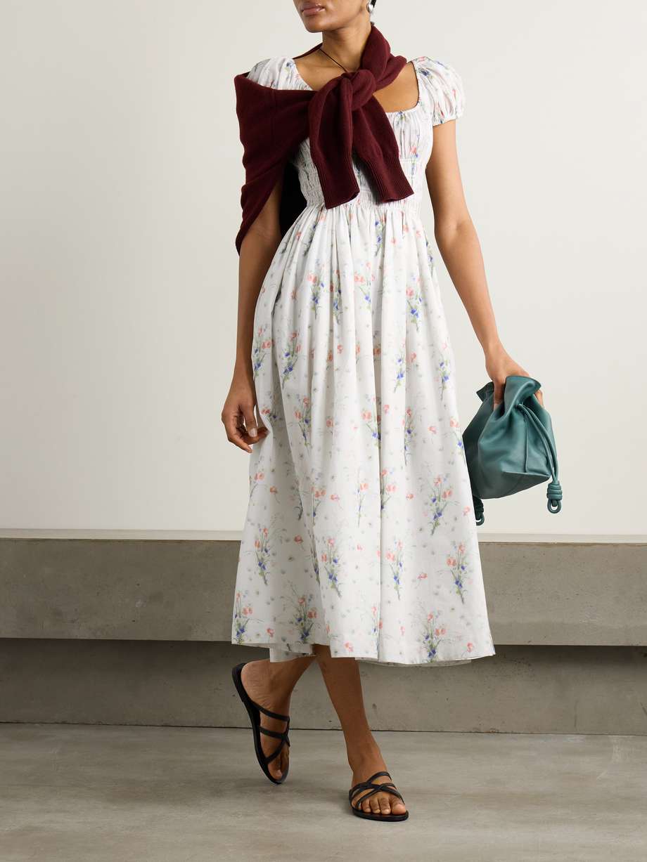 quinley shirred floral-print organic cotton midi dress