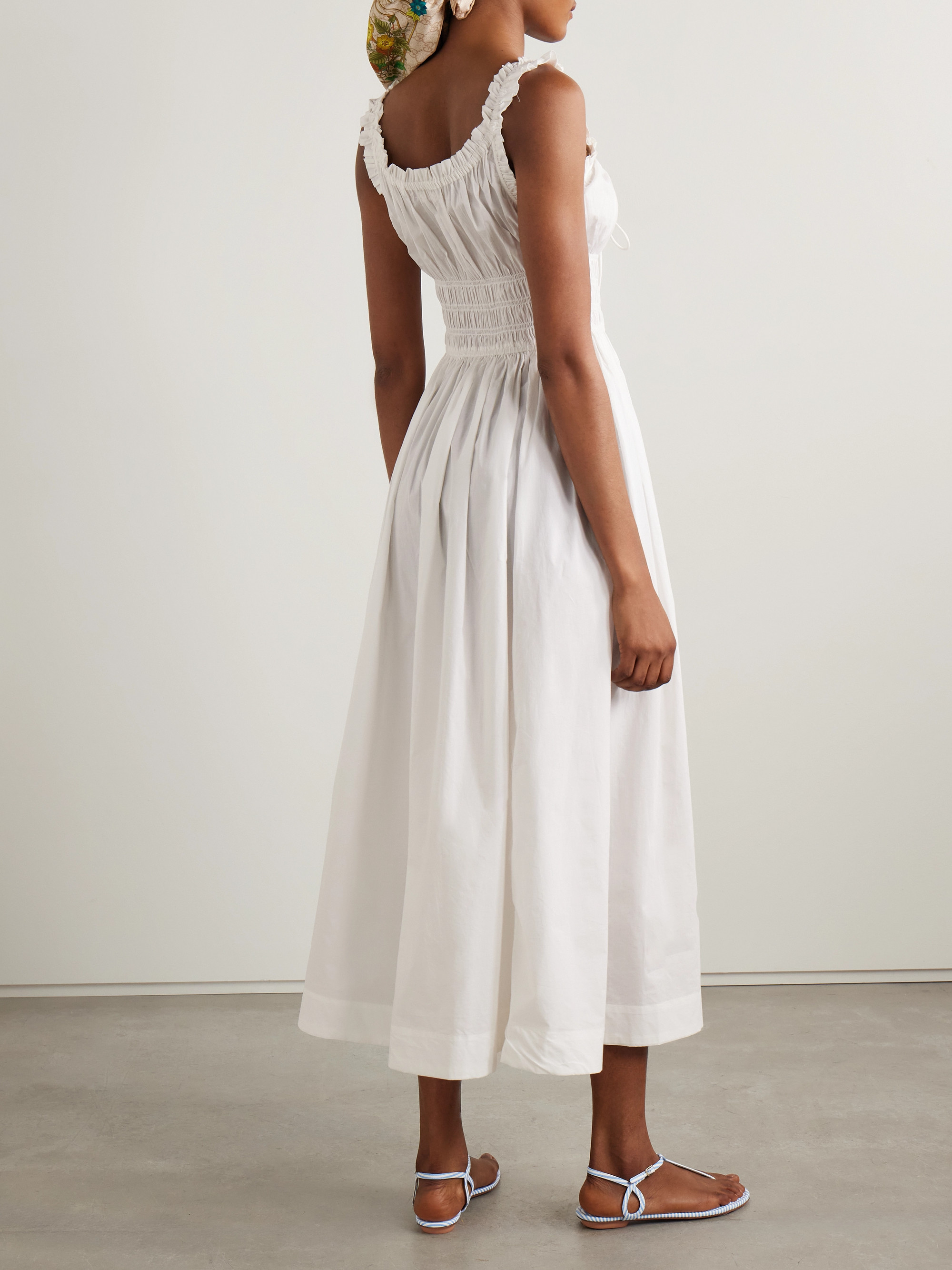 Dôen Emmaretta tie-detailed shirred cotton-voile midi dress thumbnail