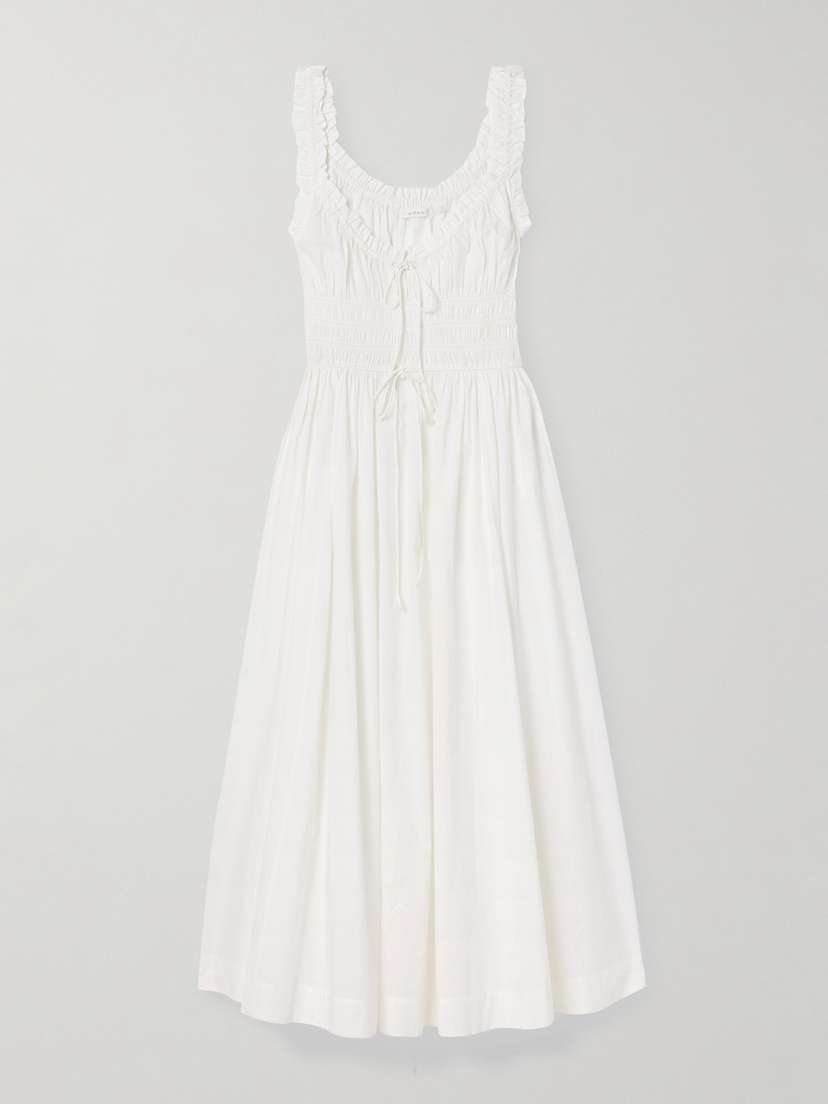 DÔEN Emmaretta Tie-detailed Shirred Cotton-voile Midi Dress