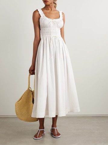 Dôen Emmaretta tie-detailed shirred cotton-voile midi dress