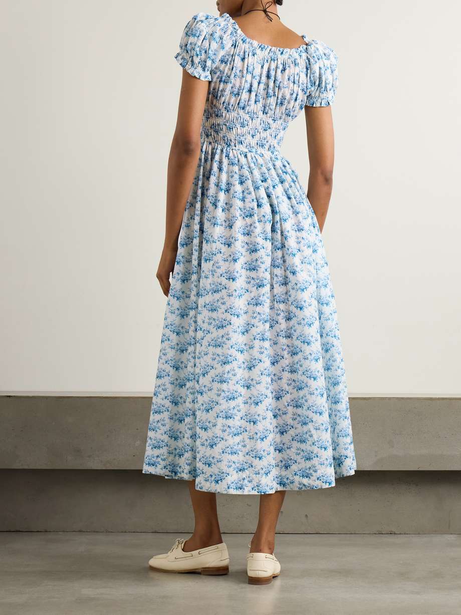 ashlynn tie-detailed shirred floral-print organic cotton-voile midi dress