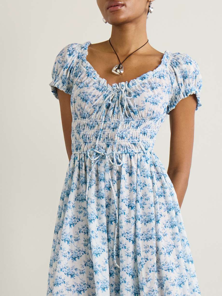 ashlynn tie-detailed shirred floral-print organic cotton-voile midi dress