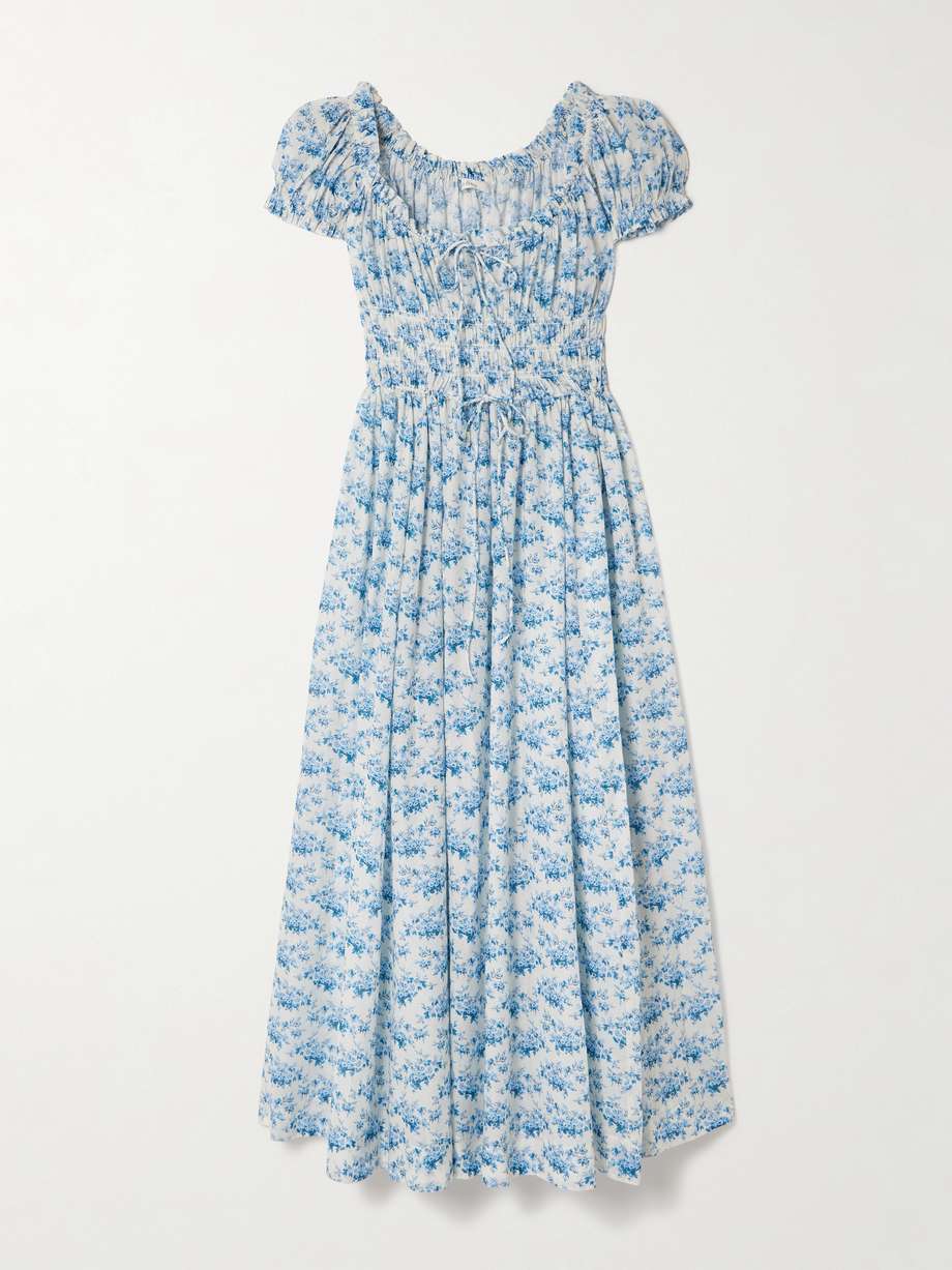 ashlynn tie-detailed shirred floral-print organic cotton-voile midi dress