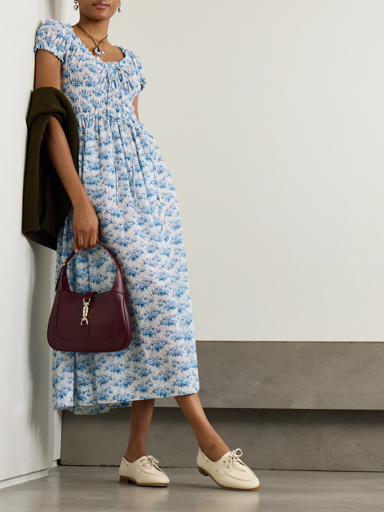 DOEN ASHLYNN TIE-DETAILED SHIRRED FLORAL-PRINT ORGANIC COTTON-VOILE MIDI DRESS