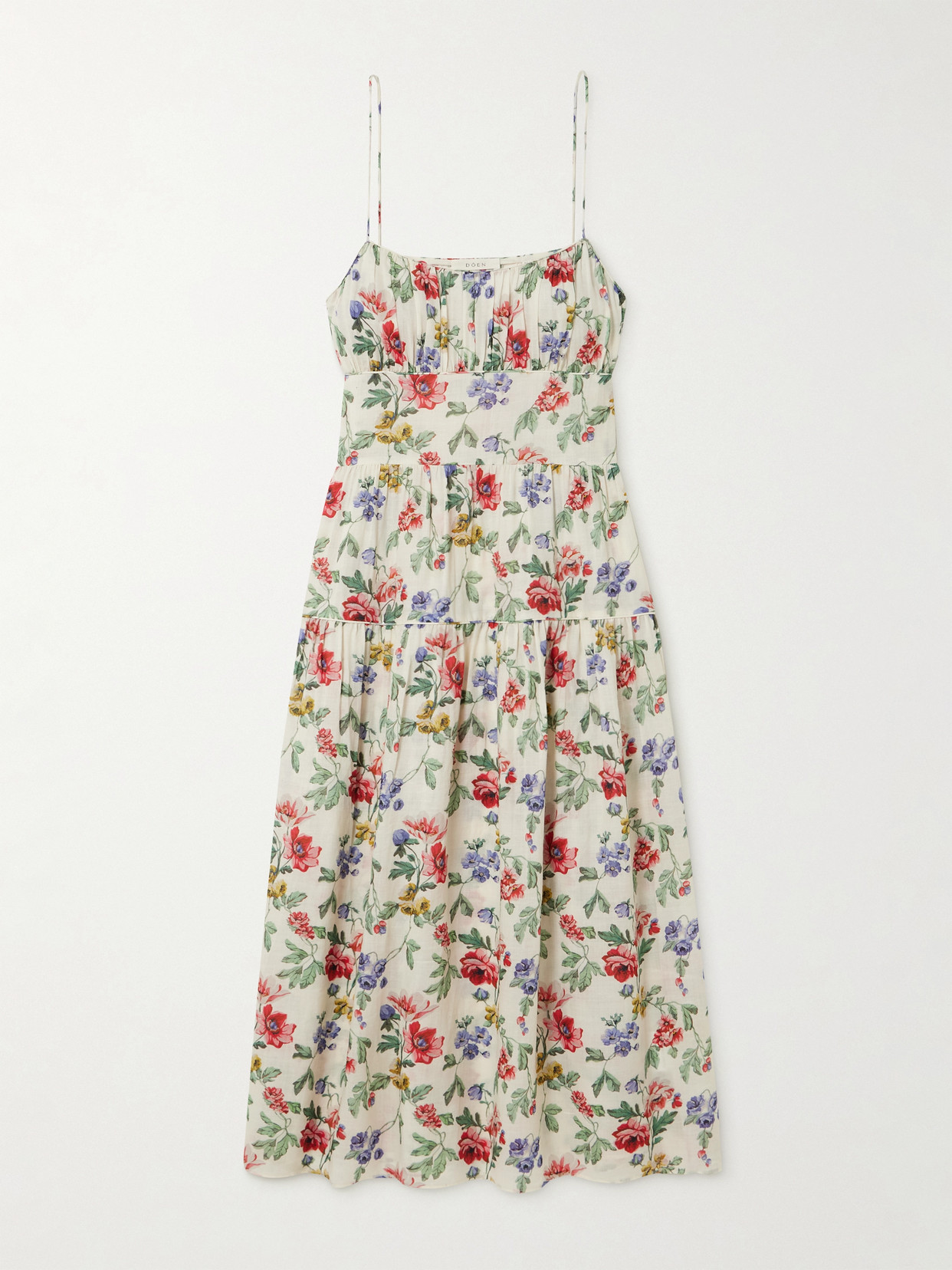 Doen Benoit Gathered Tiered Floral-print Ramie Midi Dress