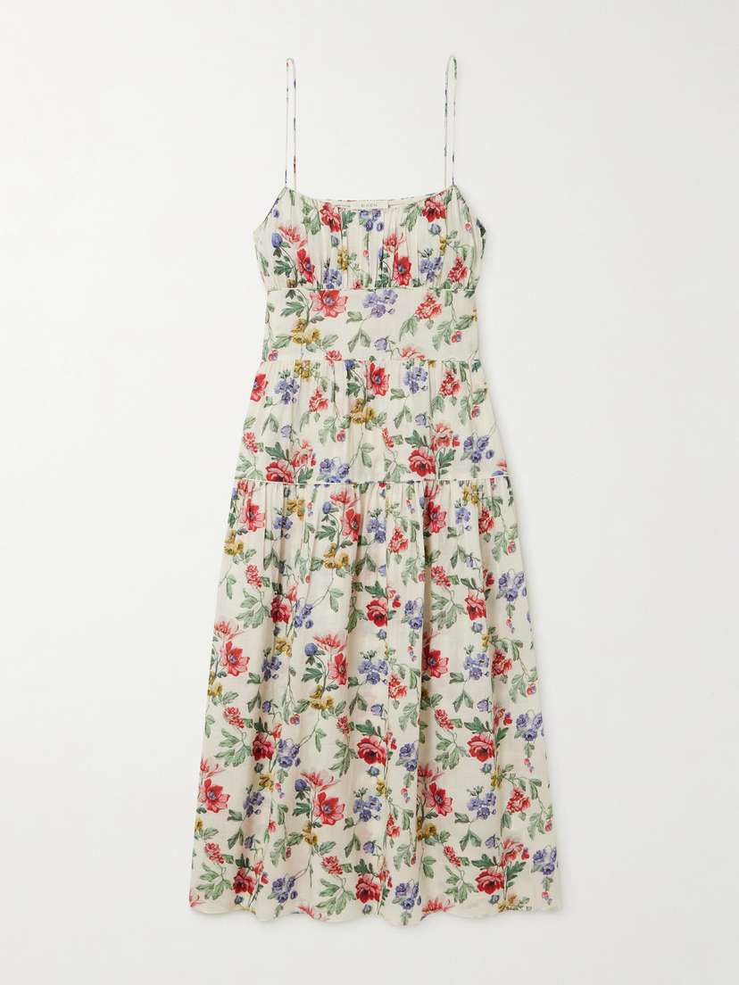 DÔEN Benoit Gathered Tiered Floral-print Ramie Midi Dress