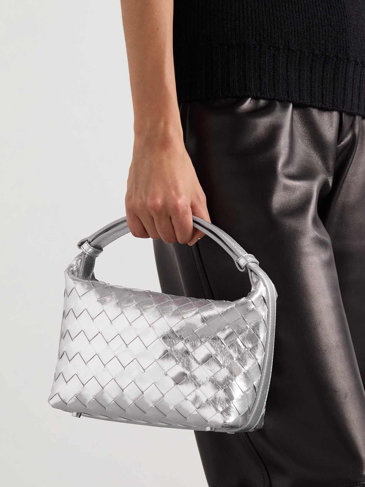 Bottega Veneta Mini Wallace Intrecciato Metallic Leather Shoulder Bag In Silver