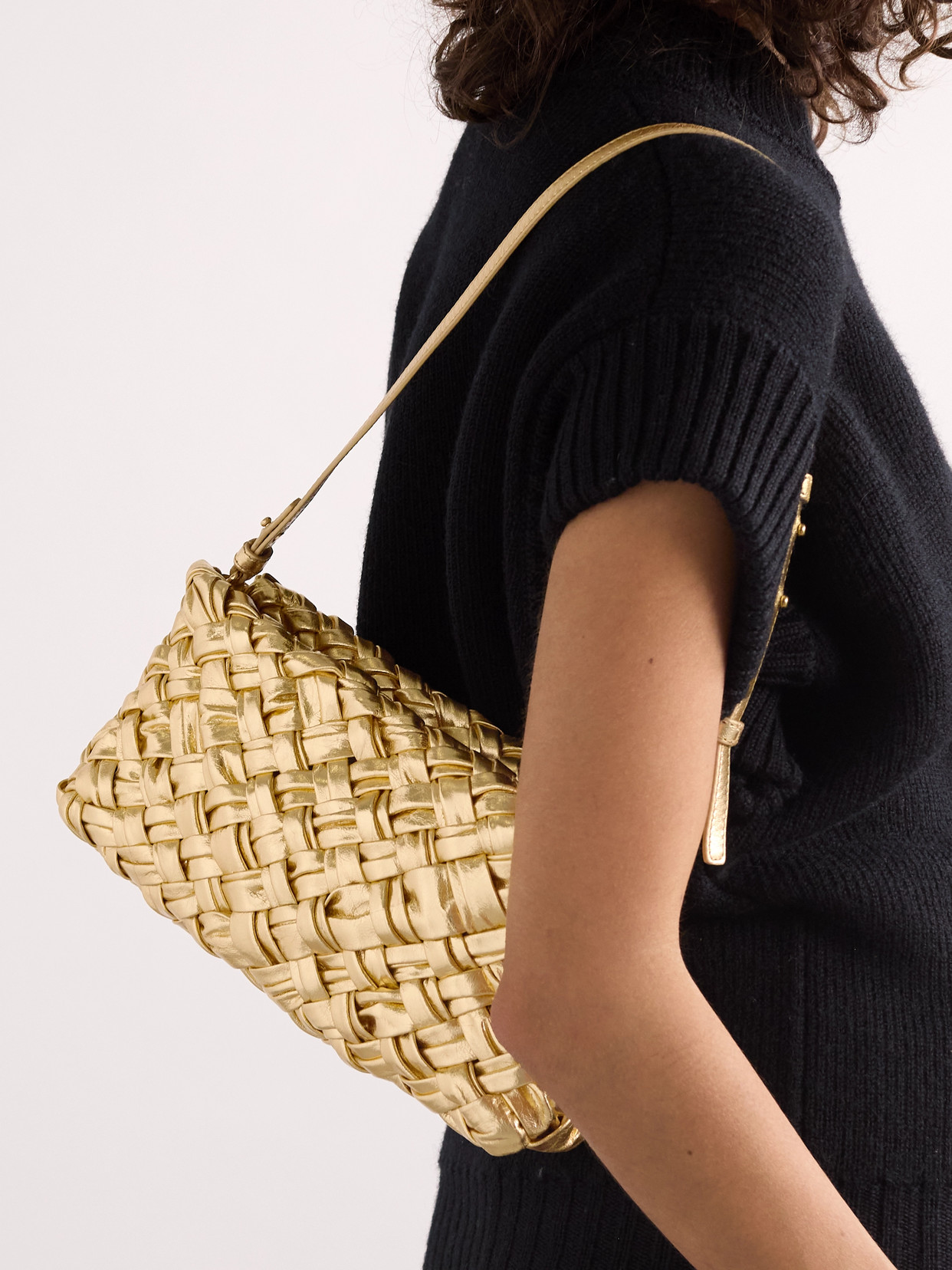 BOTTEGA VENETA KALIMERO CHA-CHA GATHERED INTRECCIATO METALLIC LEATHER SHOULDER BAG