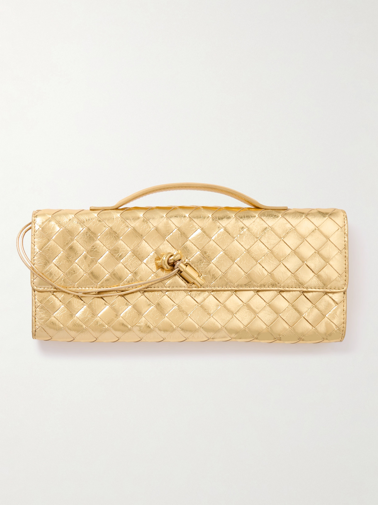 Bottega Veneta Long Andiamo Intrecciato Metallic Leather Clutch In Gold