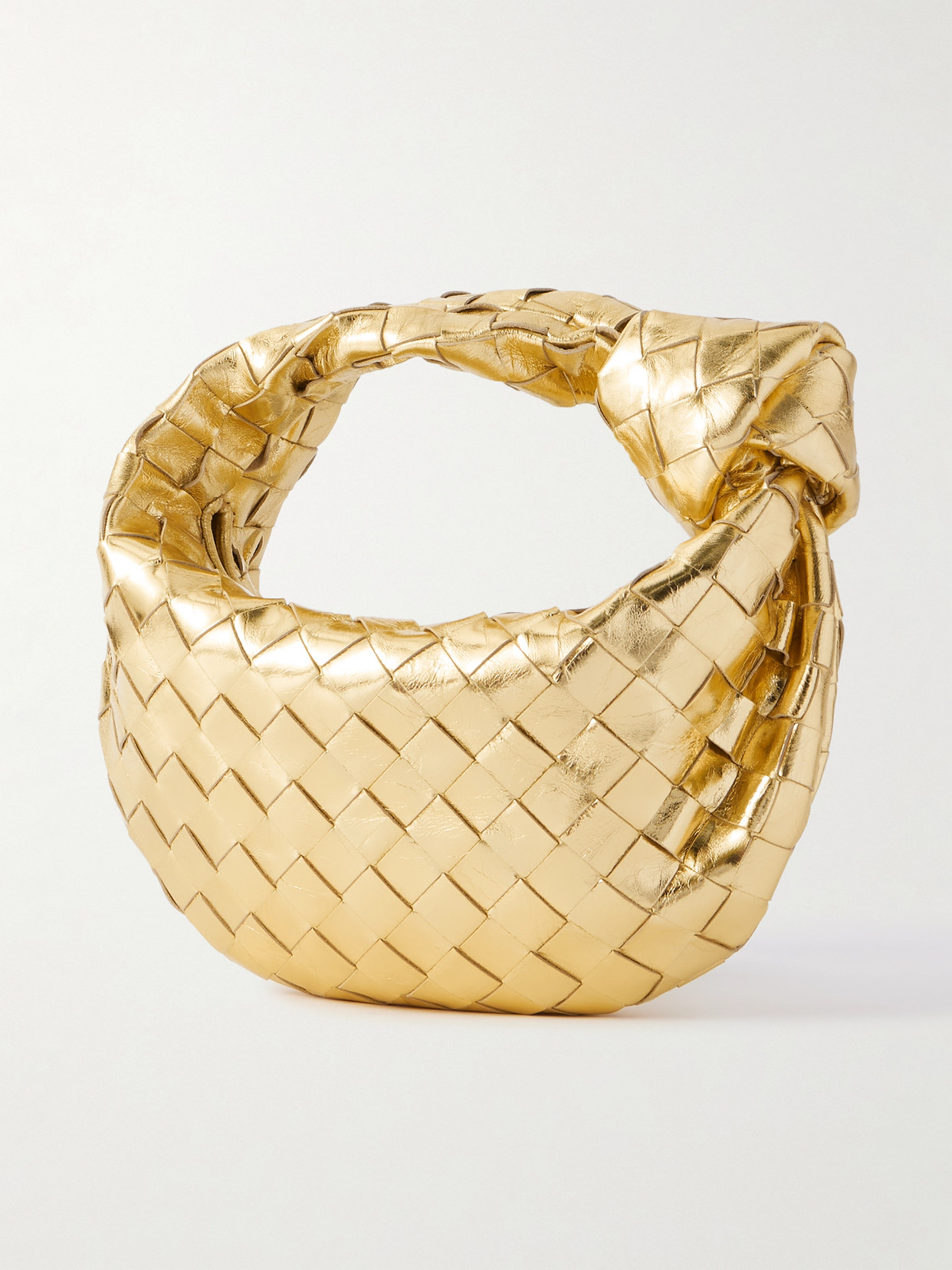 Bottega Veneta Jodie Mini Knotted Intrecciato Metallic Leather Tote In Gold