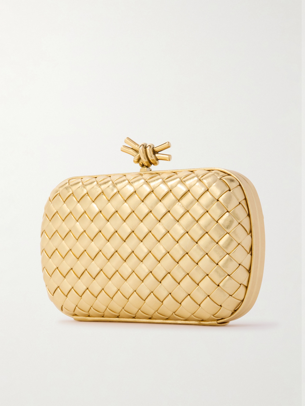 BOTTEGA VENETA KNOT PADDED INTRECCIATO METALLIC LEATHER CLUTCH