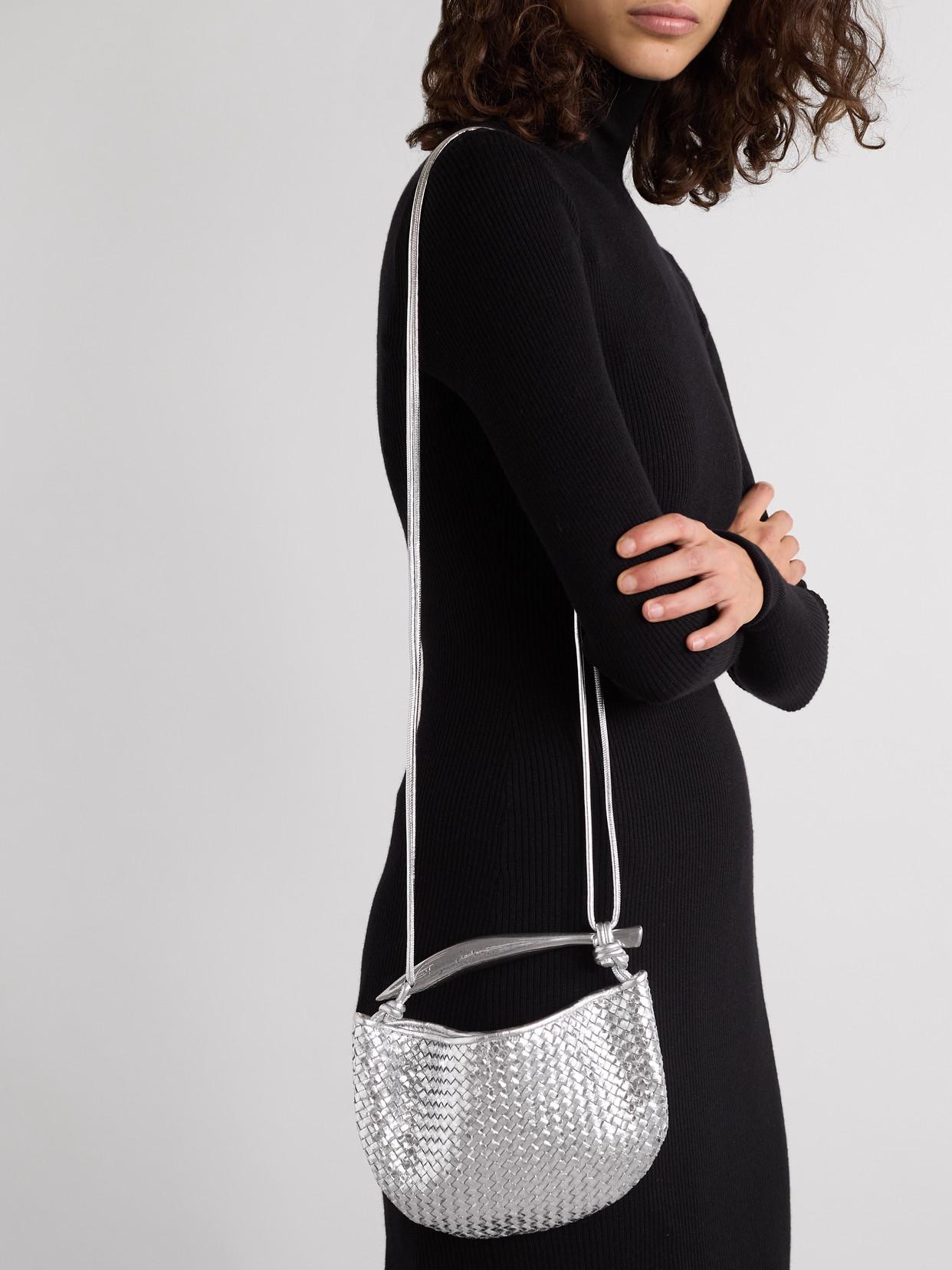 Bottega Veneta Sardine Mini Intrecciato Metallic Leather Shoulder Bag In Silver