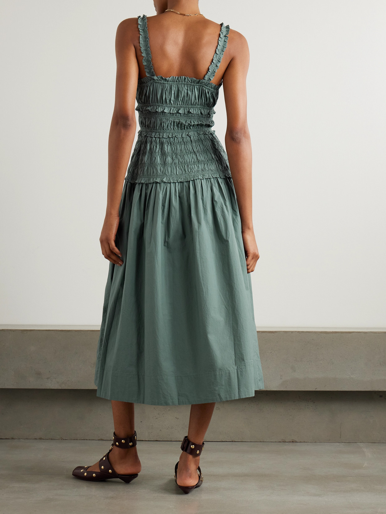 Doen Marianne Shirred Organic Cotton-poplin Midi Dress In Gray