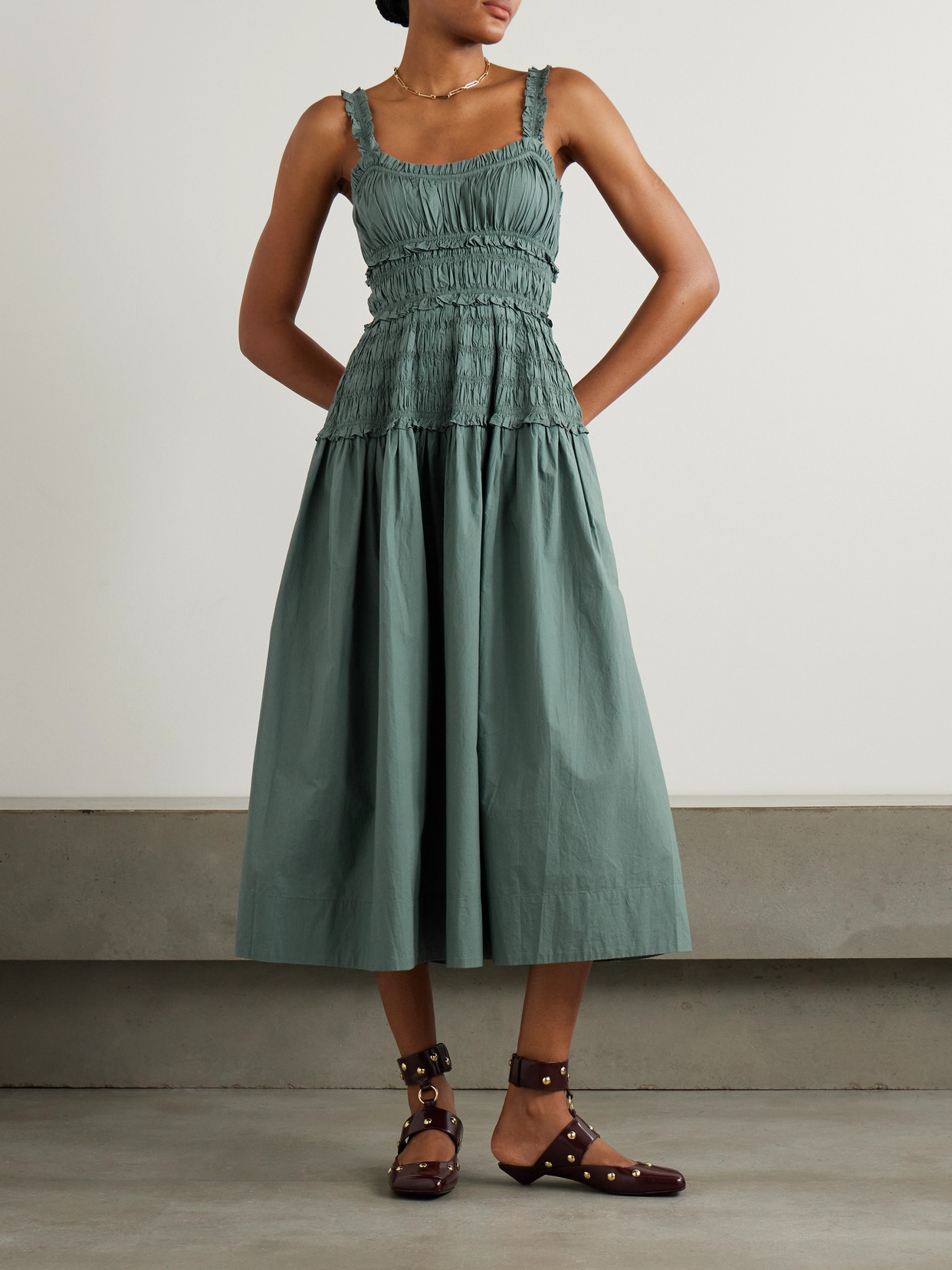 Doen Marianne Shirred Organic Cotton-poplin Midi Dress In Gray