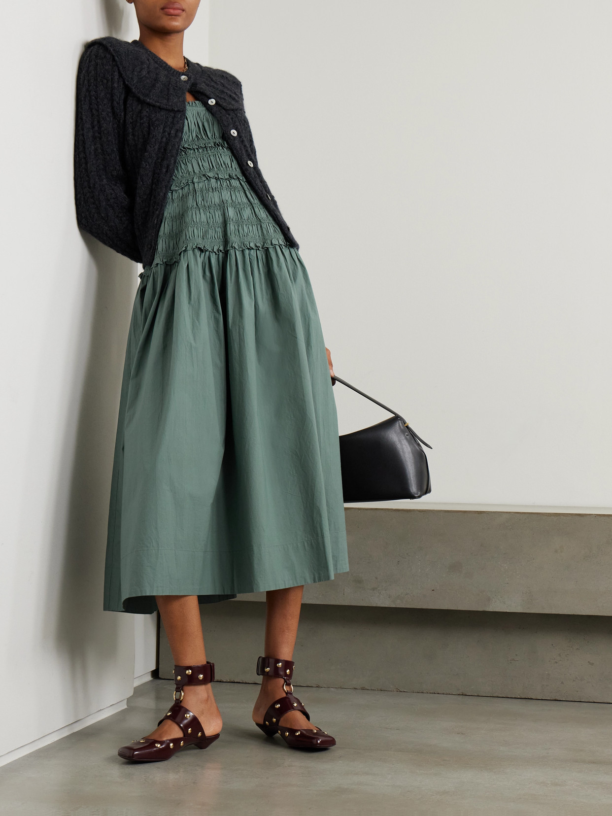 Doen Marianne Shirred Organic Cotton-poplin Midi Dress In Gray