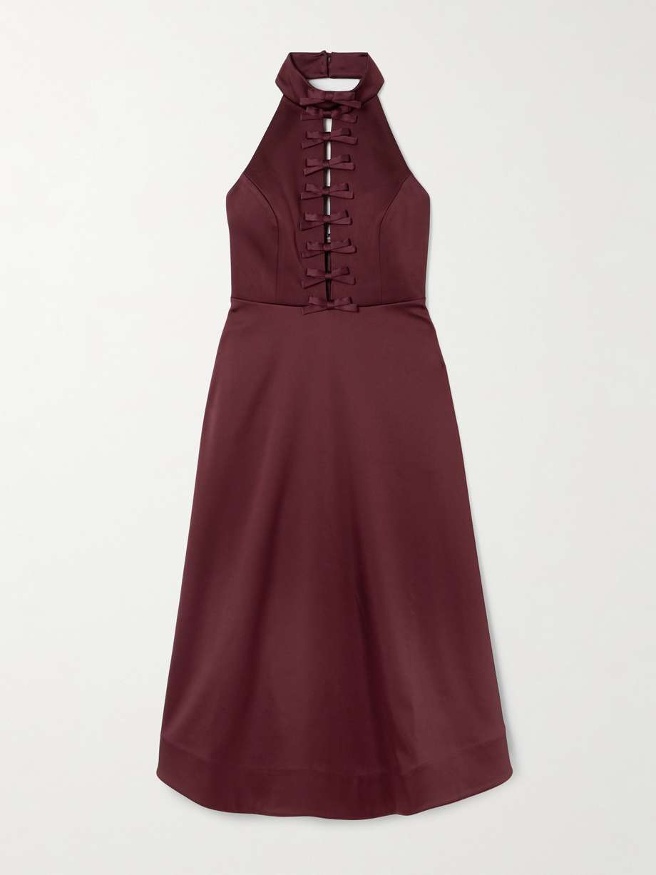 cutout bow-detailed duchesse-satin halterneck midi dress