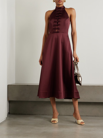 Rebecca Vallance Cutout bow-detailed duchesse-satin halterneck midi dress