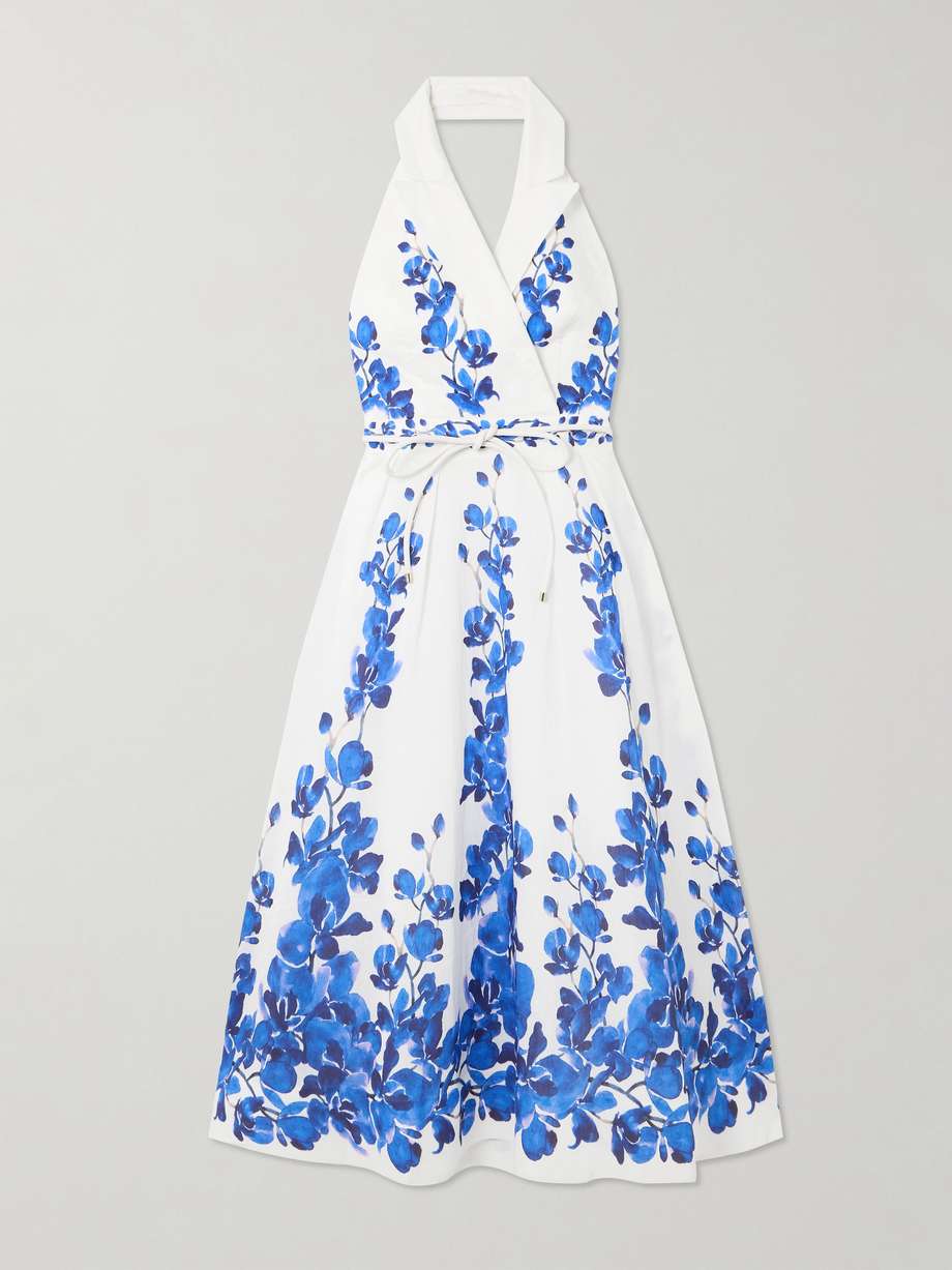 orchid blues belted floral-print voile halterneck midi dress
