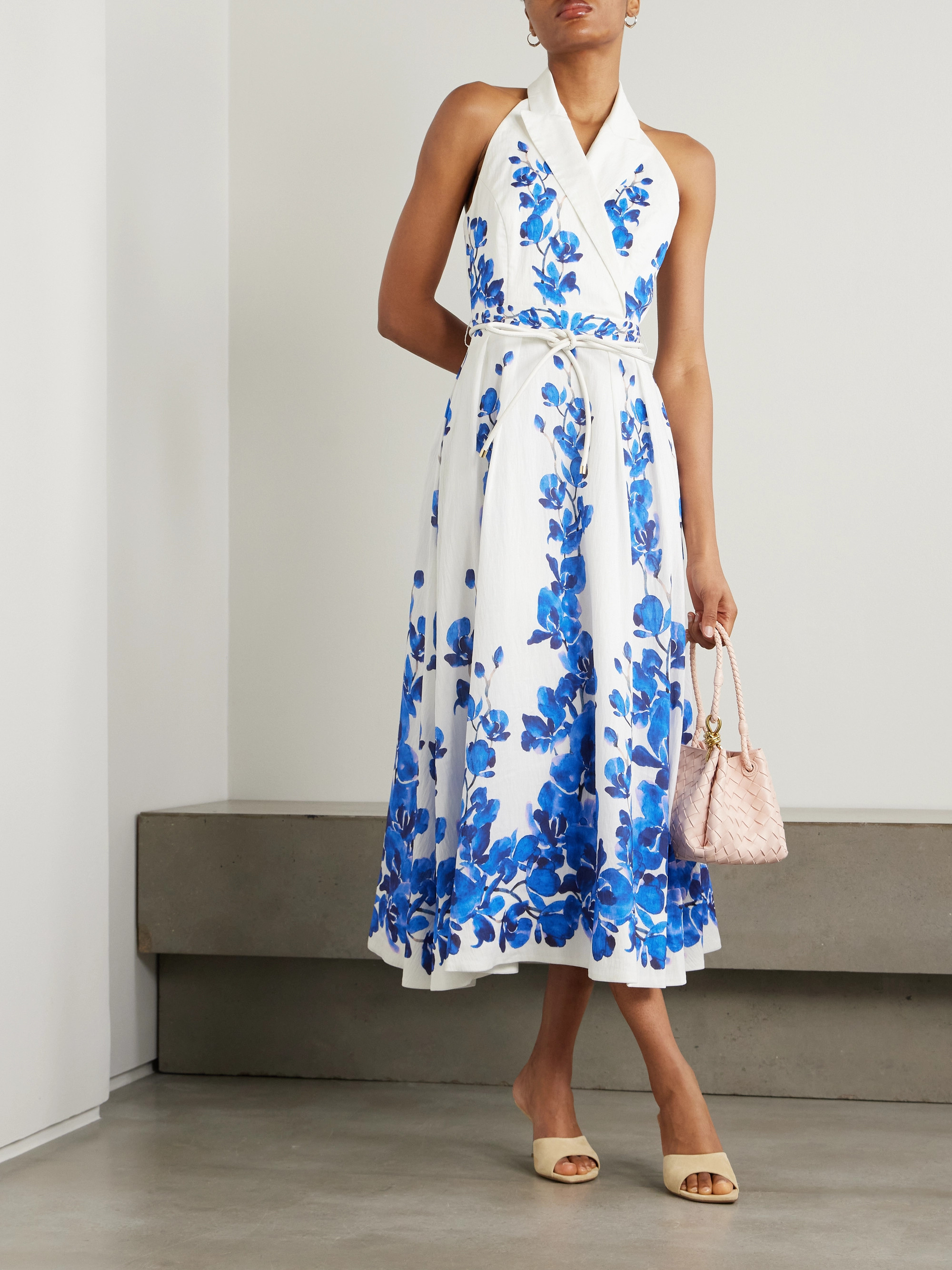 Rebecca Vallance Orchid Blues belted floral-print voile halterneck midi dress