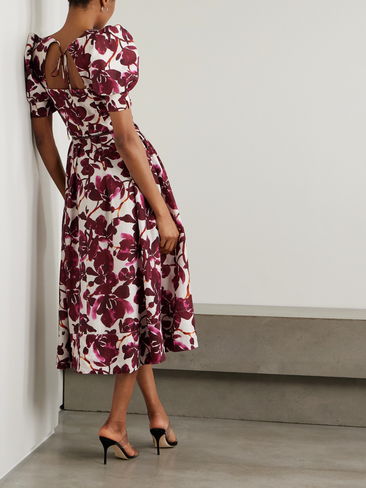 Rebecca Vallance Nerissa Belted Leather-trimmed Floral-print Voile Midi Dress In Purple