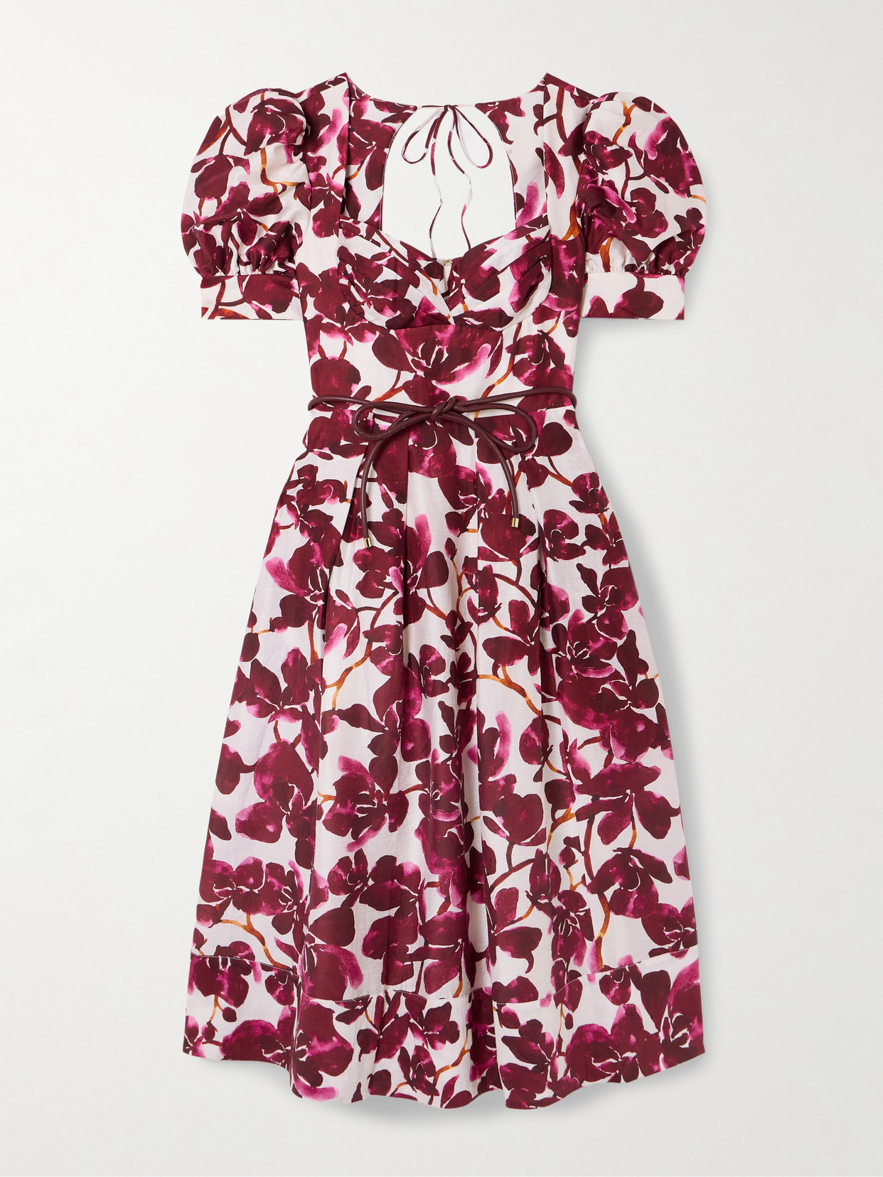 Rebecca Vallance Nerissa Belted Leather-trimmed Floral-print Voile Midi Dress In Purple