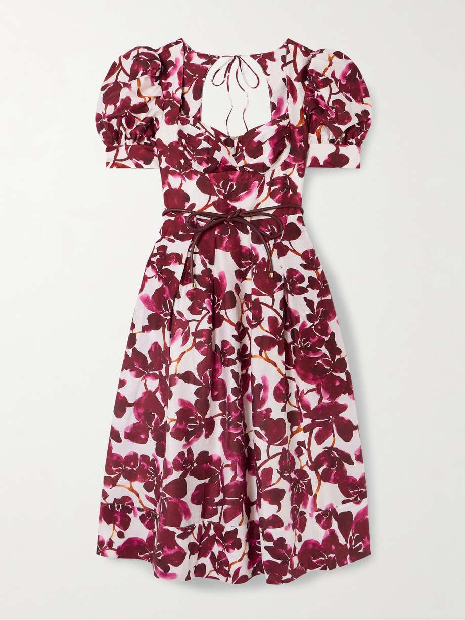 nerissa belted leather-trimmed floral-print voile midi dress