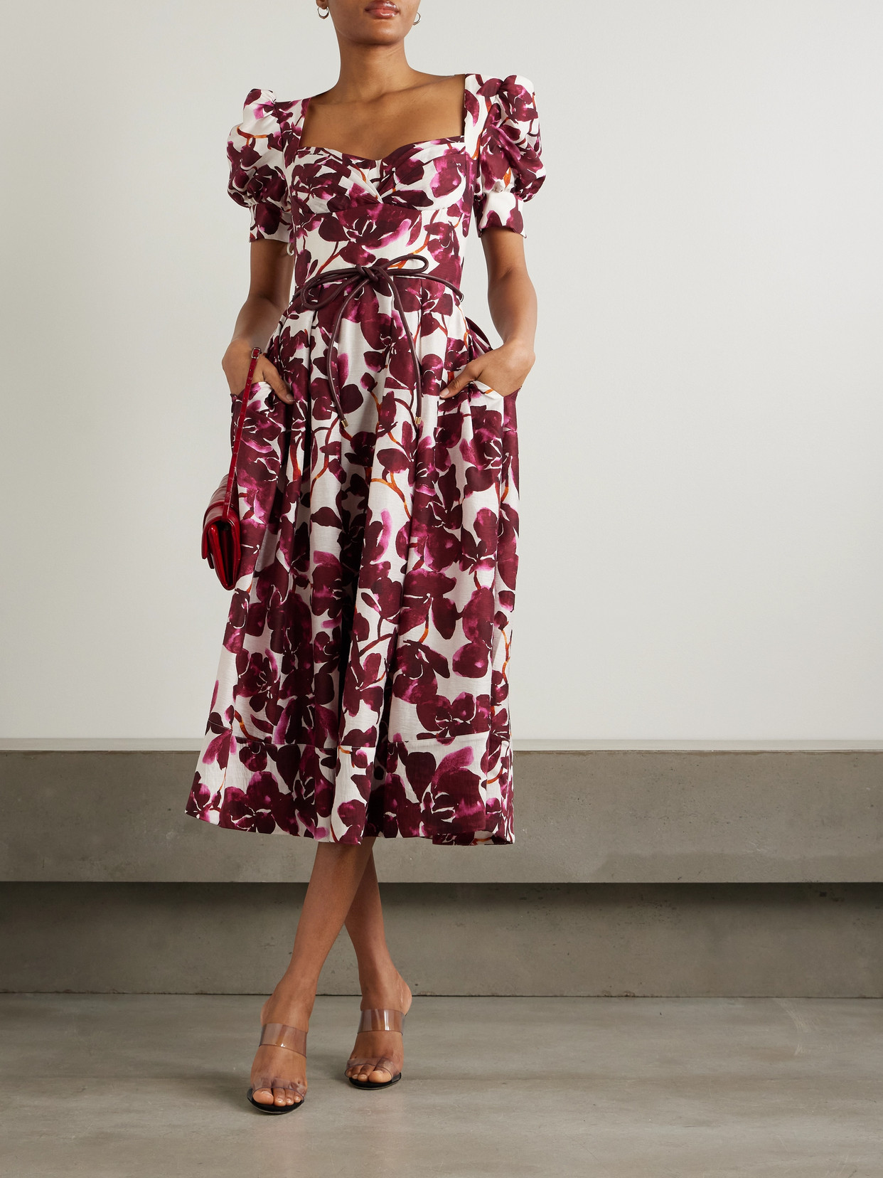 Rebecca Vallance Nerissa Belted Leather-trimmed Floral-print Voile Midi Dress In Purple