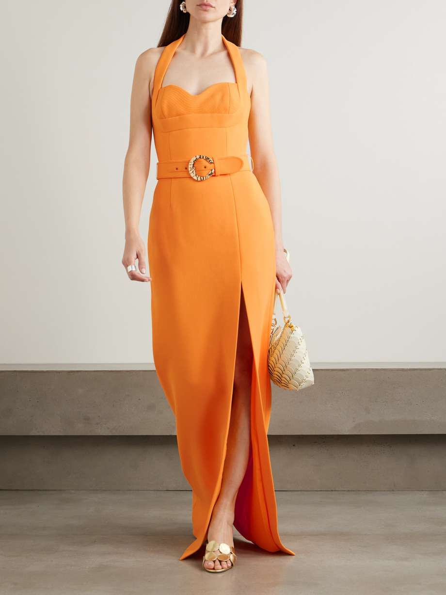 santara belted crepe gown
