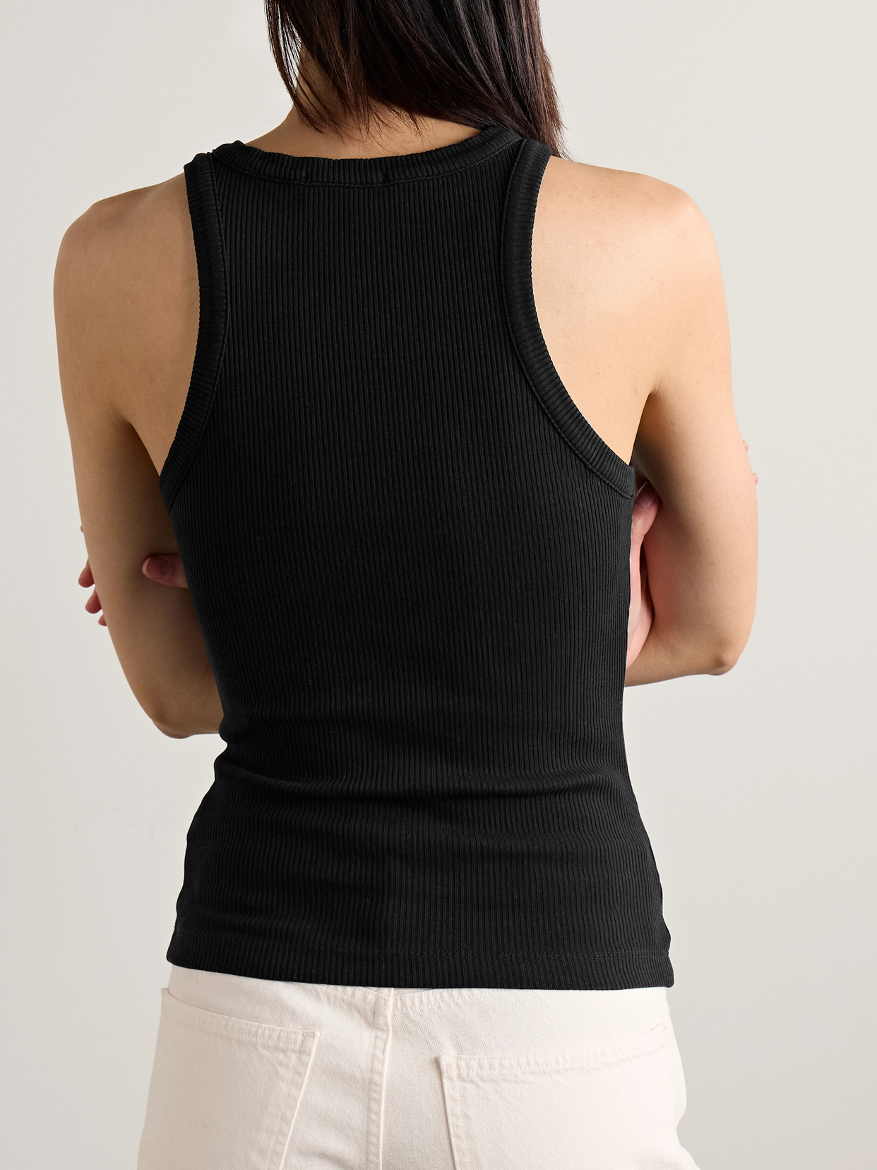 Shop Agolde Rayne Ribbed Stretch Organic Cotton And Lyocell-blend Jersey Tank In Black