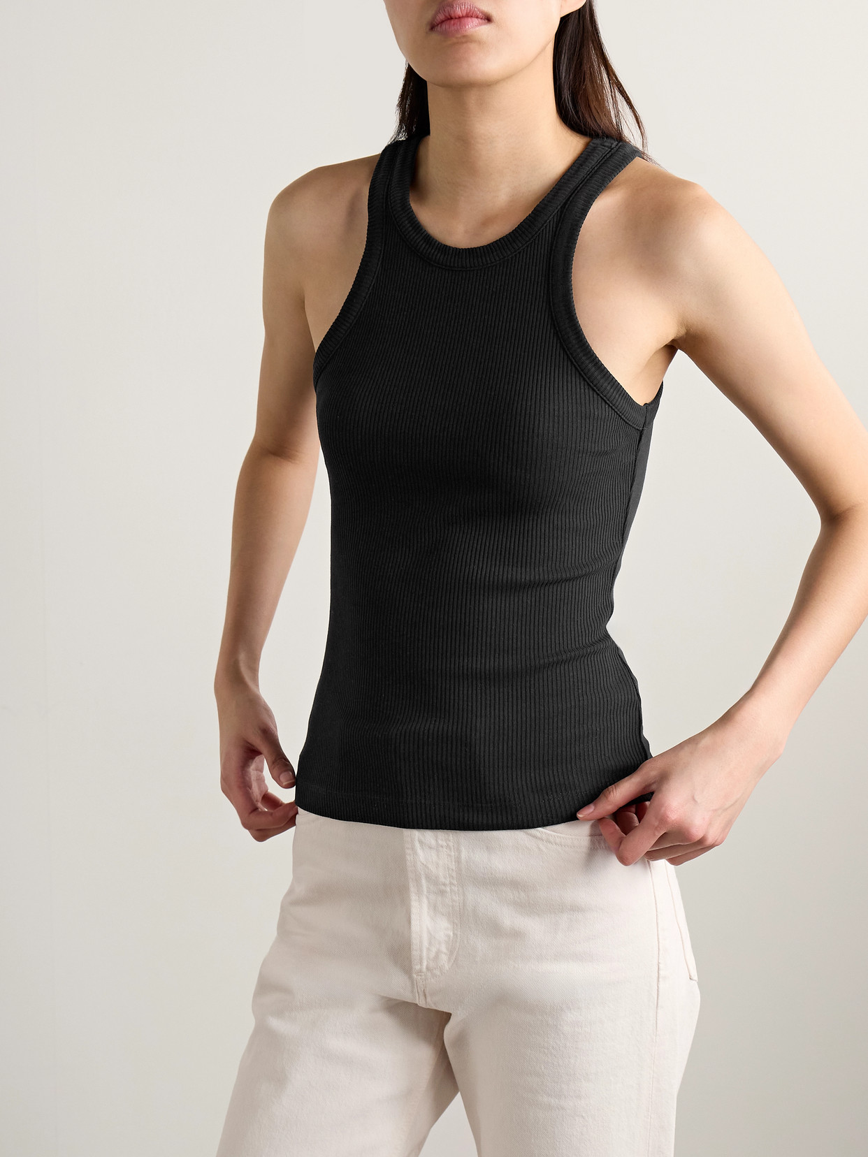 Shop Agolde Rayne Ribbed Stretch Organic Cotton And Lyocell-blend Jersey Tank In Black