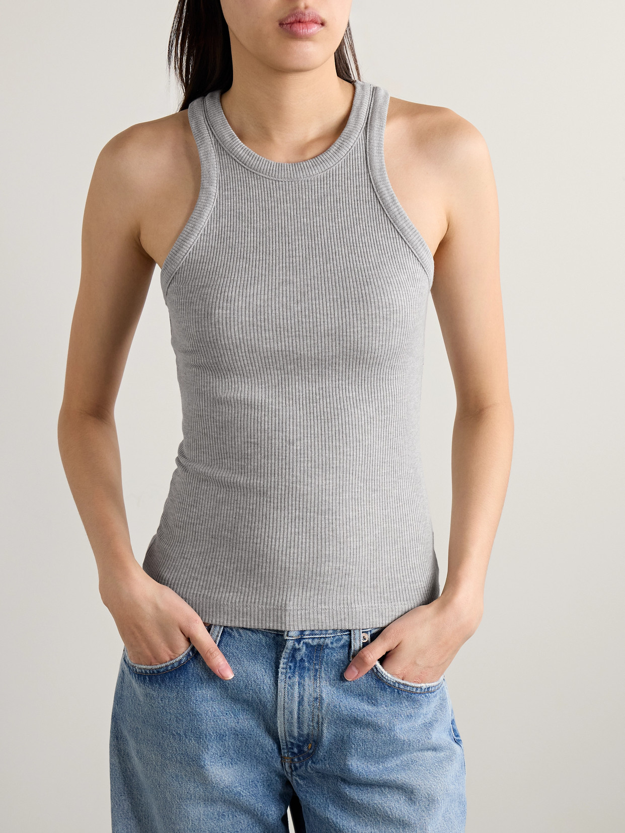 Agolde Rayne Ribbed Stretch Organic Cotton And Lyocell-blend Jersey Tank In Gray